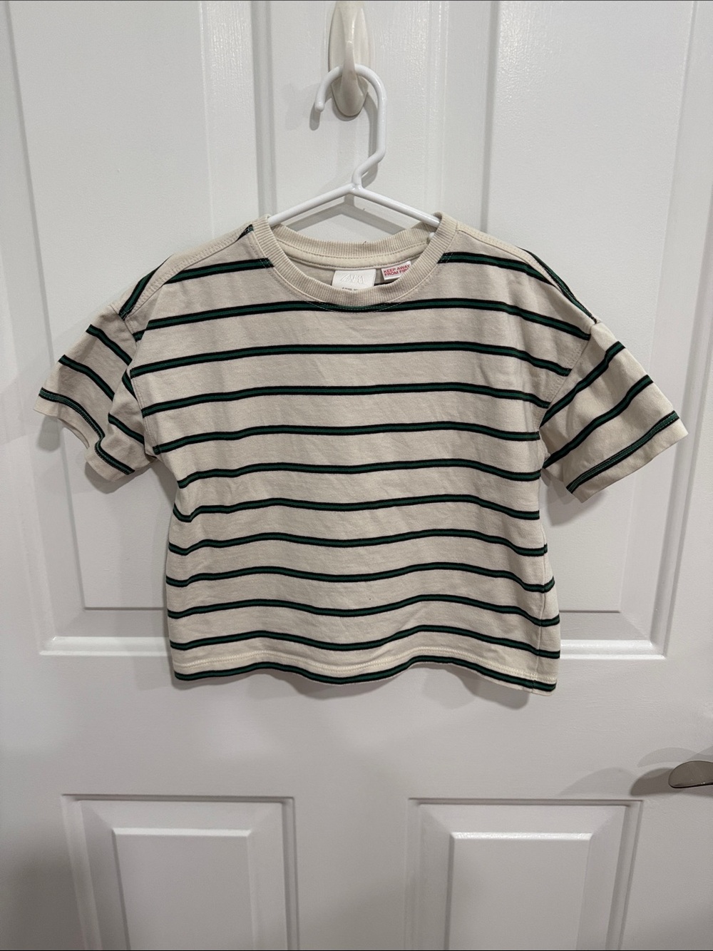 Zara Cream Tee with Black and Dark Green Stripes